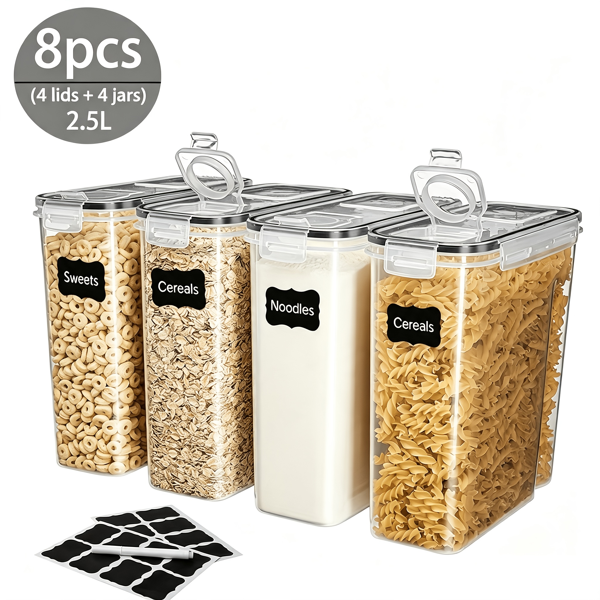 TEMU 8 piezas (4 frascos y ) Contenedores de almacenamiento de alimentos con tapas [2.5/4L], Frascos transparentes para alimentos, Contenedores