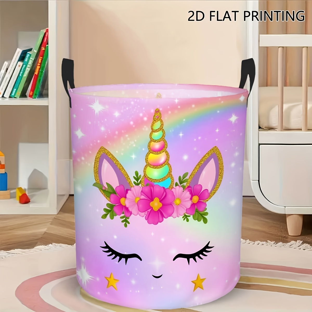 1pc Storage Basket Featuring A Whimsical Unicorn And , A Round Trash Bin With A Handle, Perfect For Organizing Clothes In A Bedroom, Dorm, Or Playroom. It A Fun And Solution, Laundry Basket.