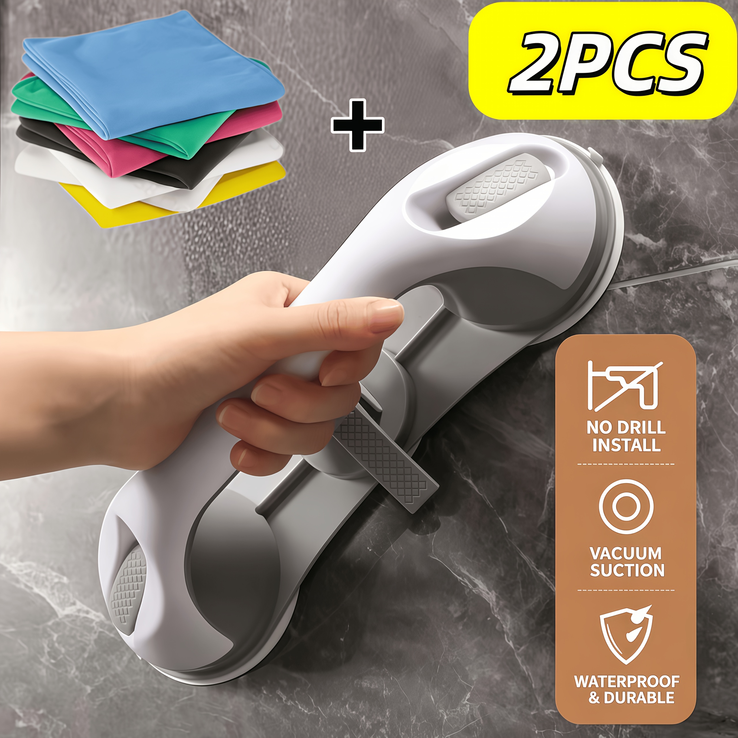 TEMU Set pezzi (1 maniglione doccia a 3 ventose aggiornato e 1 asciugamano di casuale) Maniglione da bagno non forato con ventose spesse, antiscivolo