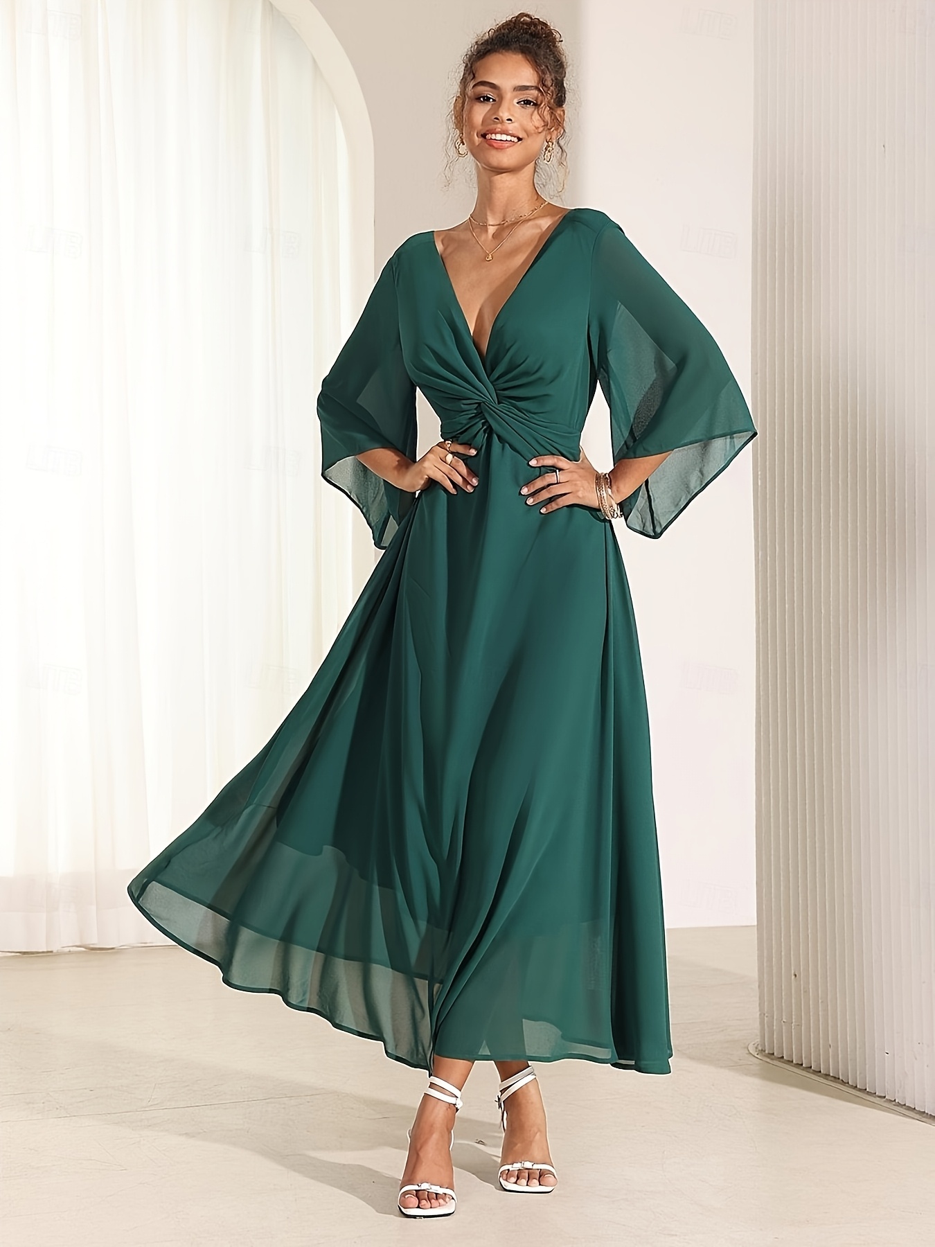green emerald velvet dress Berylove Women V Neck Green Flower Wedding Guest Dress Tea Length Backless Bridesmaid Dress, Green Flower / US14 main image 0