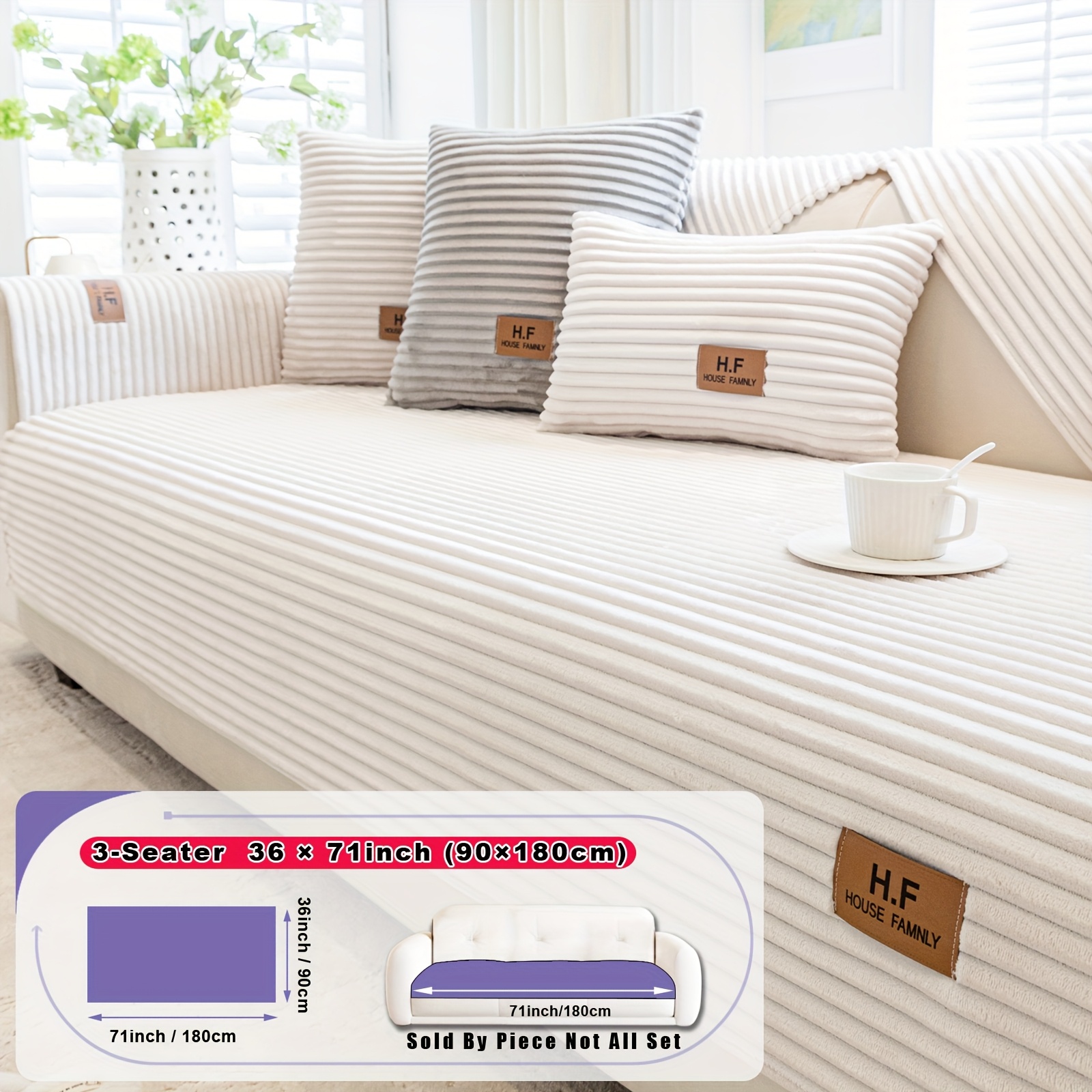 TEMU 1 housse de coussin en flanelle moderne HF - Protège-canapé antidérapant pour animaux avec design rayé et patchs similicuir, lavable en machine,