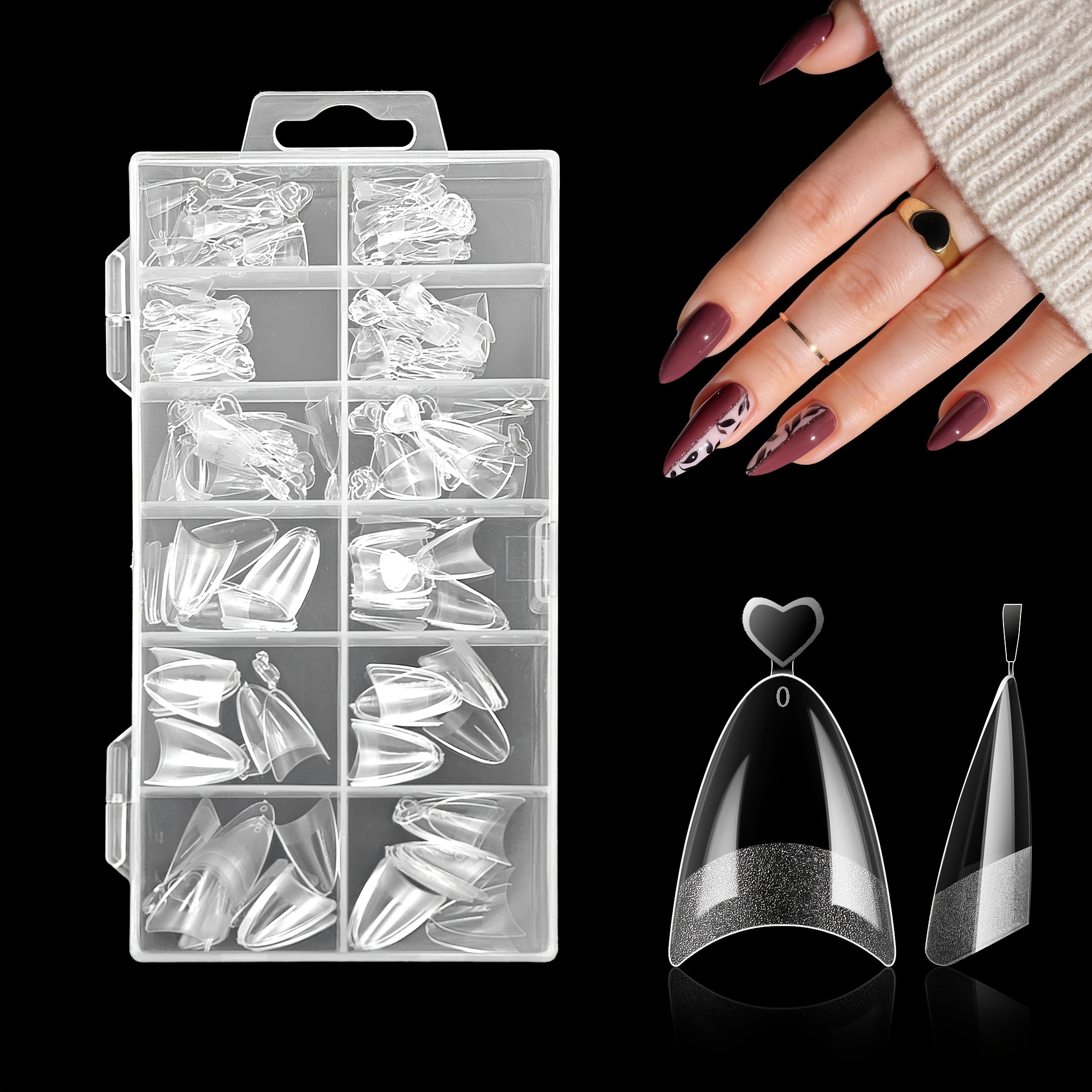 TEMU 240pcs Shaped Acrylic Nail Extensions, Medium Length, Pre-, 12 Sizes, Transparent Full Cover False Nails With Gel Forms For Easy Application - Ideal For Nail Art & Diy