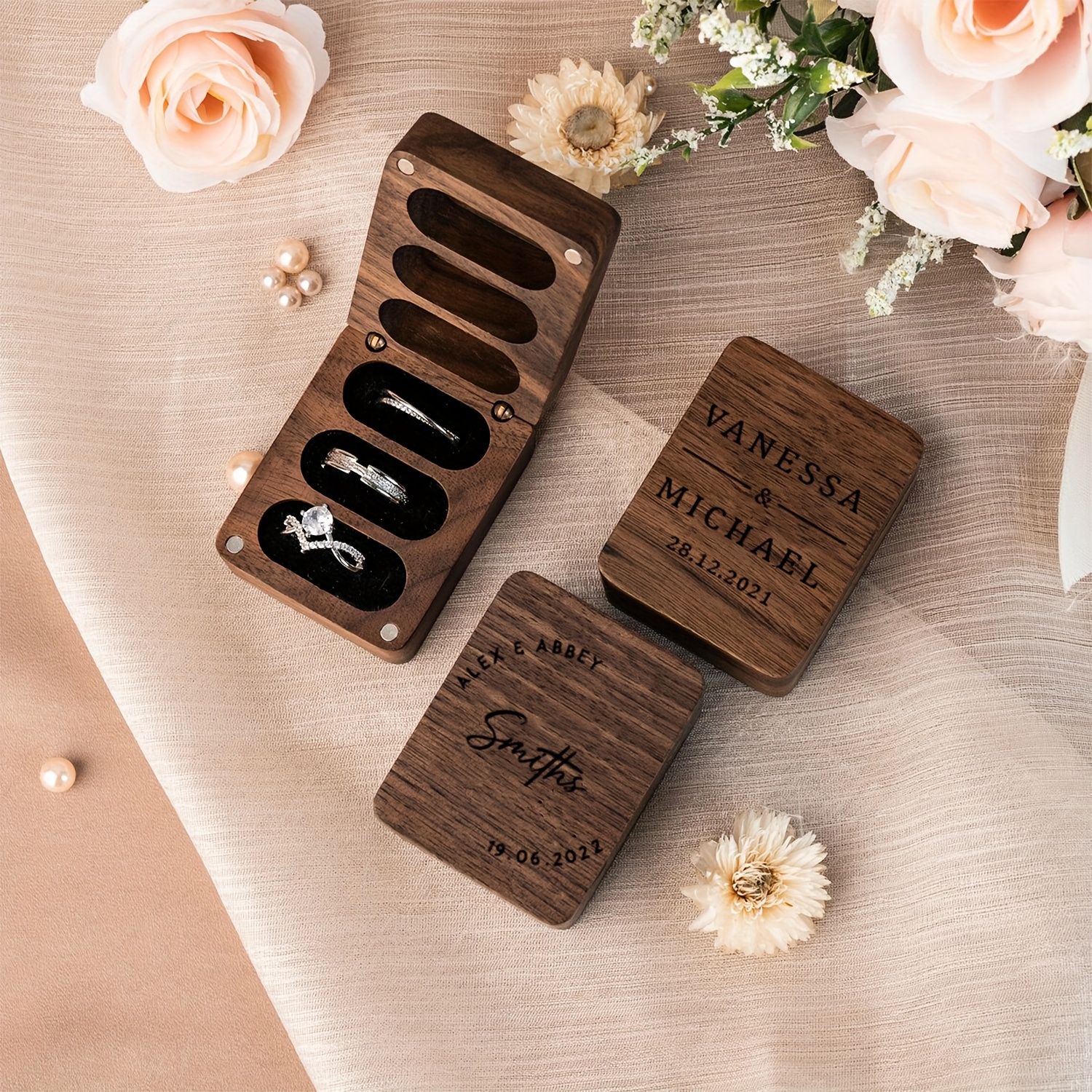 Custom Engraved Triple Ring Box, Wedding Ring Bearer