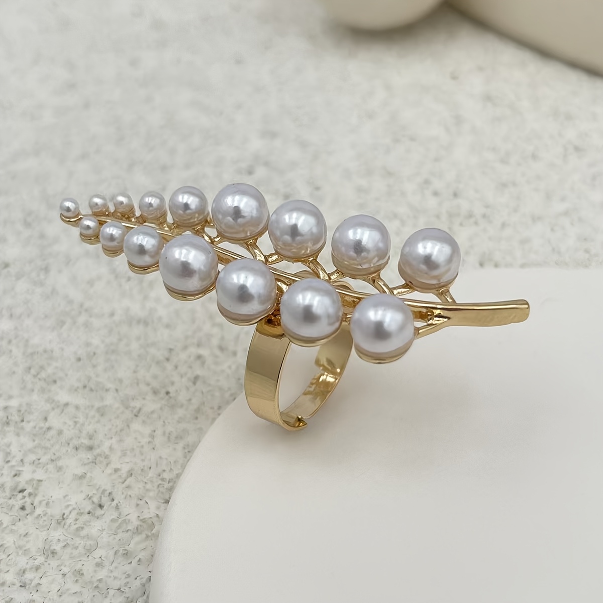 Elegant Long Imitation Pearl Leaf Ring - Golden-Toned Alloy with Imitation Imitation Pearl, Stylish Everyday & Party Jewelry for Women