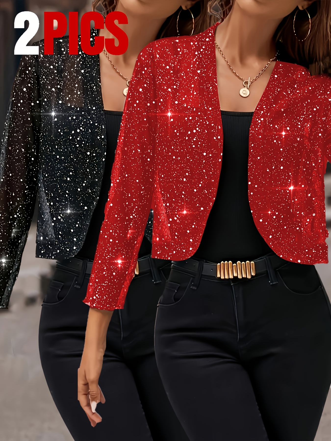 2pcs elegant womens silvery glitter open front cardigan jacket beautiful party outfit   summer clothing 2pcs set