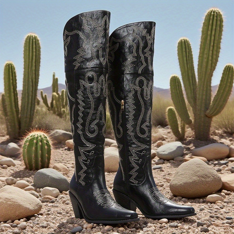 Womens Retro Western Cowboy Boots Pointed Toe Chunky