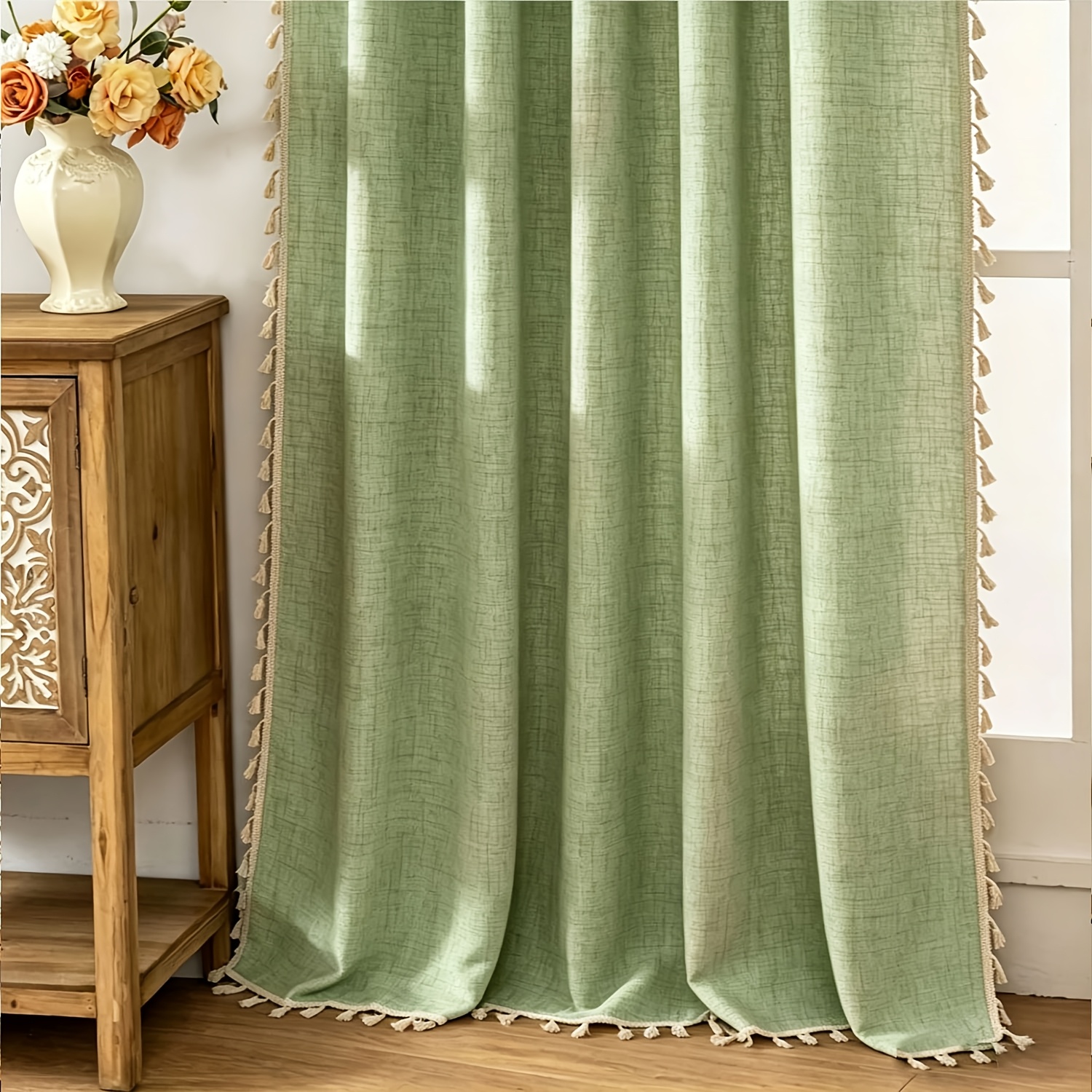 TEMU 1pc American Tassel Curtain, Double-sided Linen Texture, Versatile Gauze Curtain, Thickened Fabric, Suitable For Living Room, Bedroom Windows,