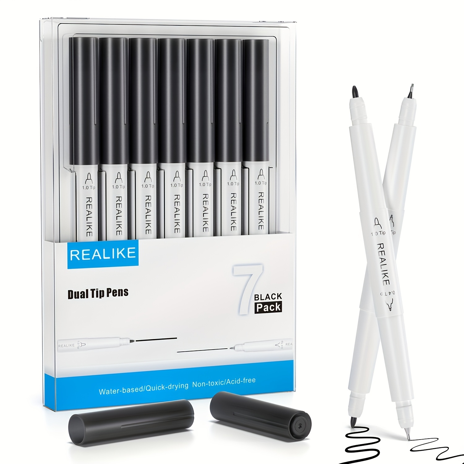 Image of 7-pack Realike Dual Tip Markers | Black Dual Tip Pens For Maker 3/ 3/air 2/air/one, Fine Point Writing And Drawing Accessories With 0.4 & 1.0 Tips, Water-based Ink