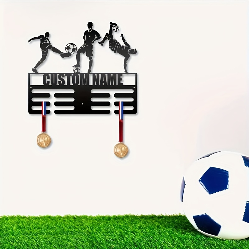 

1pc Personalized Custom Football Medal Hanger - Wall Mounted Metal Display Stand With 12 Hooks For Medals & Ribbons, Home Decoration & Gifts