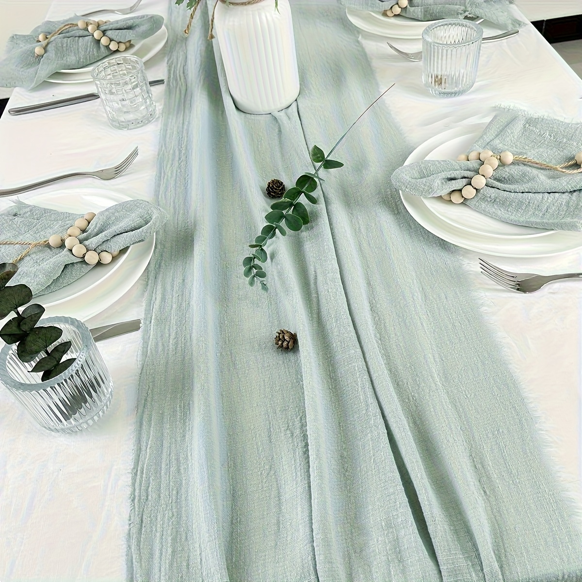 Image of 7pcs Set Rustic Gauze 1pc 32.5x300cmtable Runners And 6pcs32.5x32.5cm Napkins Set Terracotta Dining Table Retro Burr Texture Vintage Home Christmas Wedding Decoration