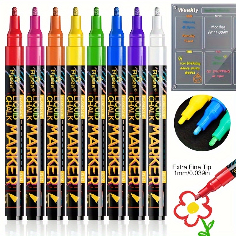 

Flysea 8pcs Neon Chalk Markers - Washable, Vibrant Colors For Blackboards, Glass & Windows - Extra Fine Tip 0.1cm/0.039in