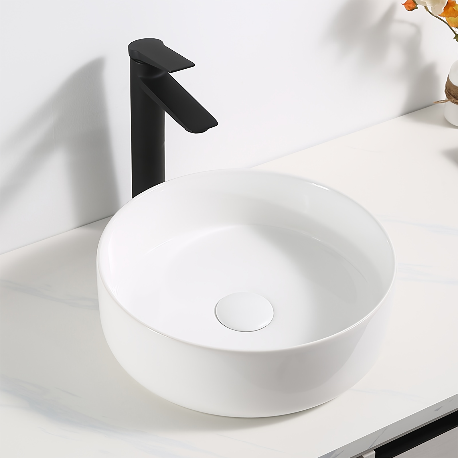 Round White Ceramic Sink Measuring 36 By 36 By 12 Cm, Designed For Countertop Use Without A Tap Hole Or Overflow, Ideal For Bathrooms And Guest Restrooms, Does Not A Faucet Or Drain