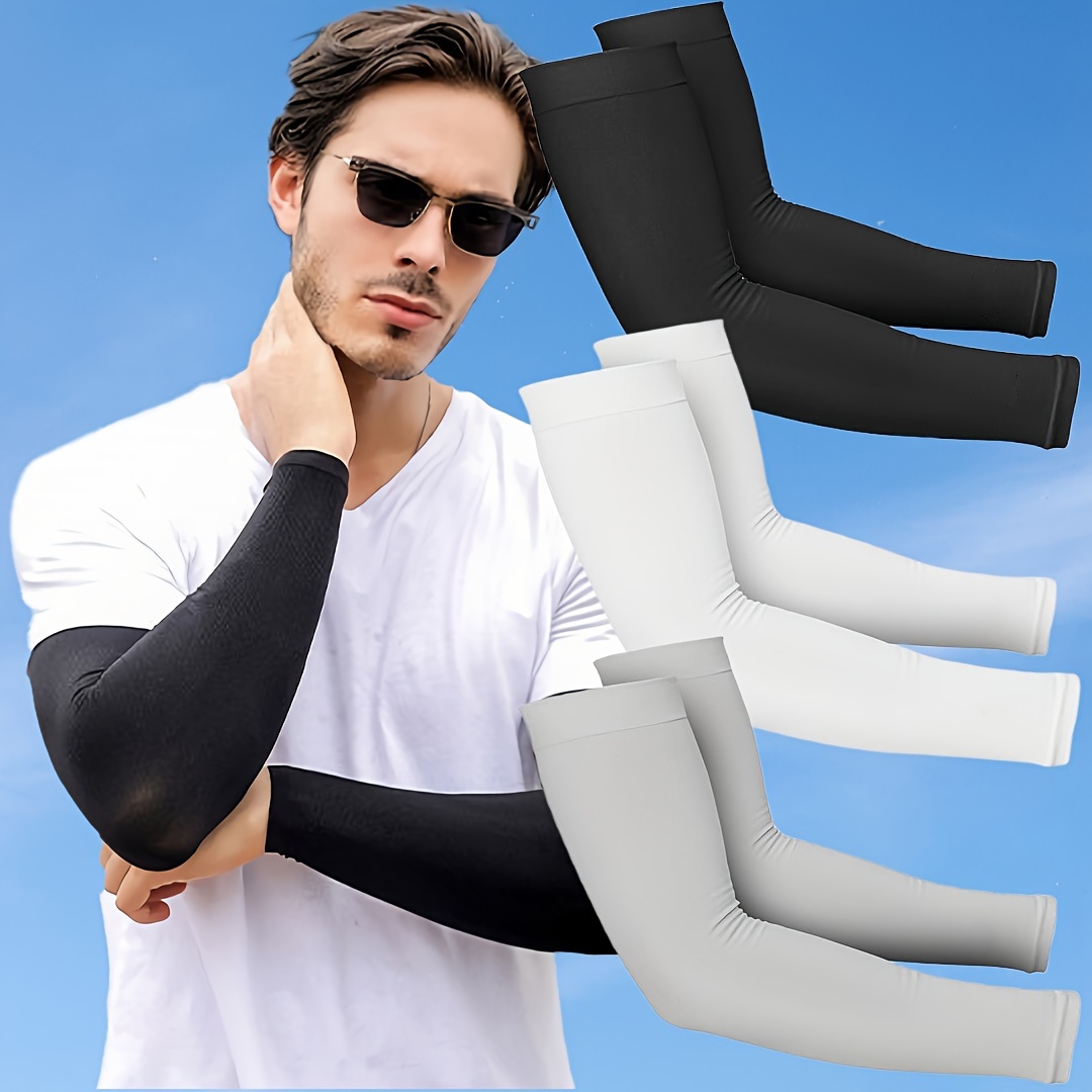 

1 Pair Men's Cooling Arm Sleeves - Breathable Ice Silk, Uv Protection, , White, Gray - Washable Summer Arm Covers For Outdoor Sports & Activities