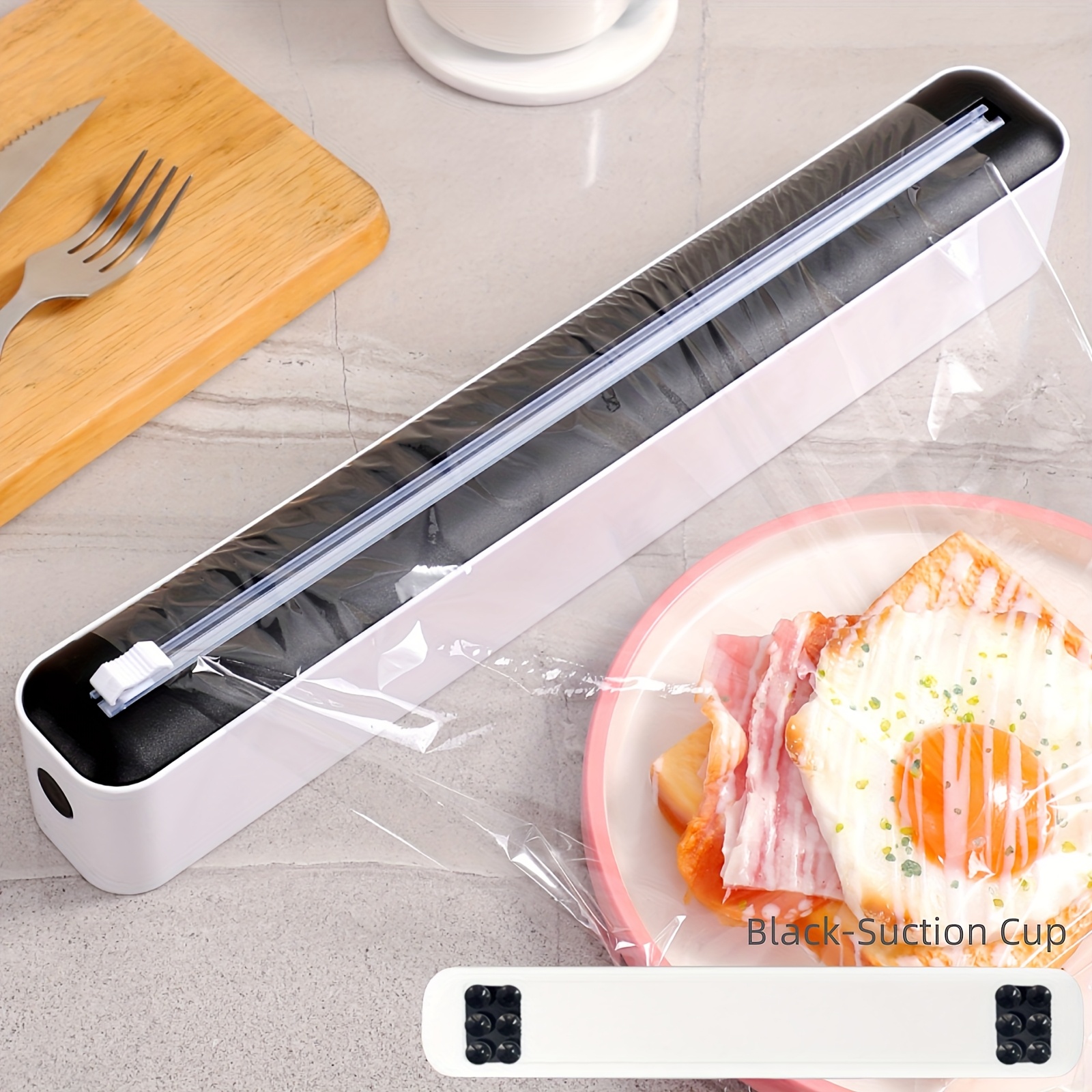 TEMU 1-piece Heavy-duty Plastic Wrap Cutter And Holder With Dual-sliding Knife , Non-slip Base , Countertop Organizer - Compatible With Plastic Wrap,