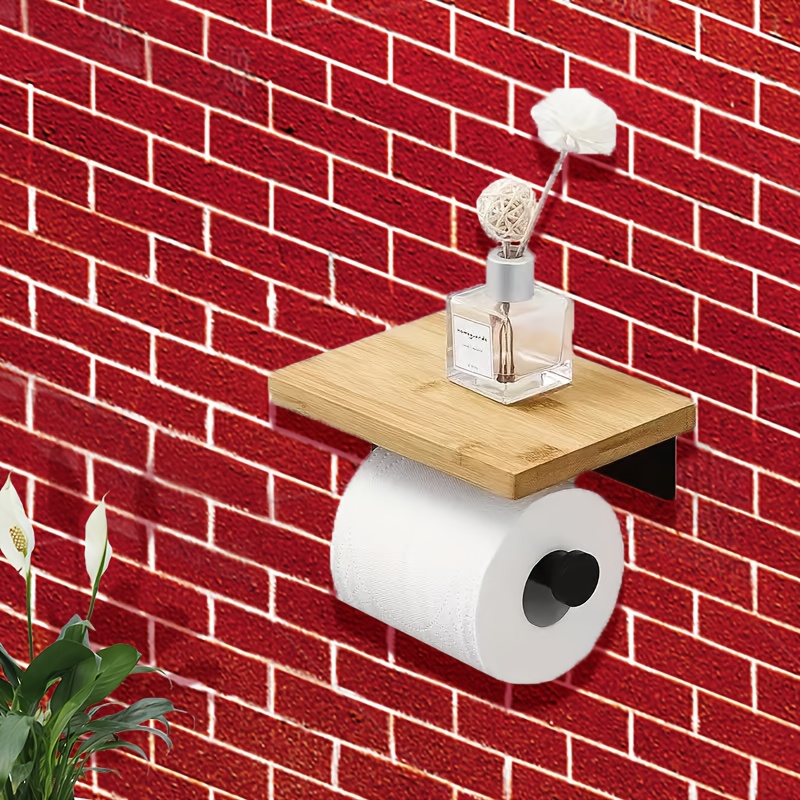Self-adhesive Wooden Toilet Paper Holder Shelf Without Drilling