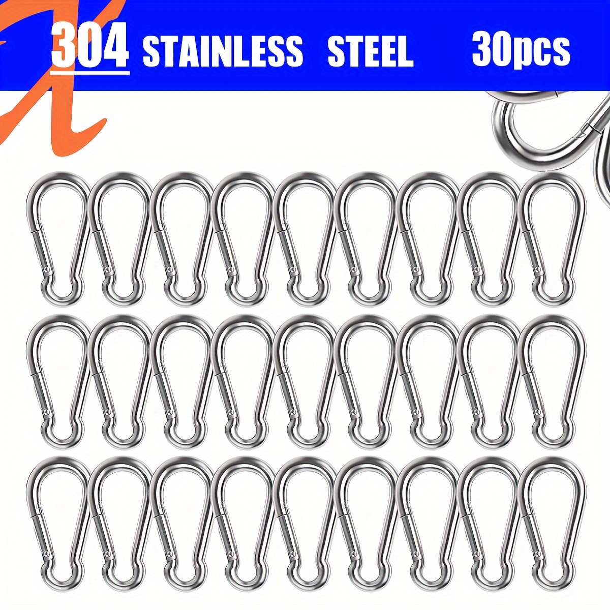 

30-pack M4 Stainless Steel Carabiner Spring Snap Hooks - Heavy Duty Quick For Keys, Swing Set, Camping, Hiking, Fishing