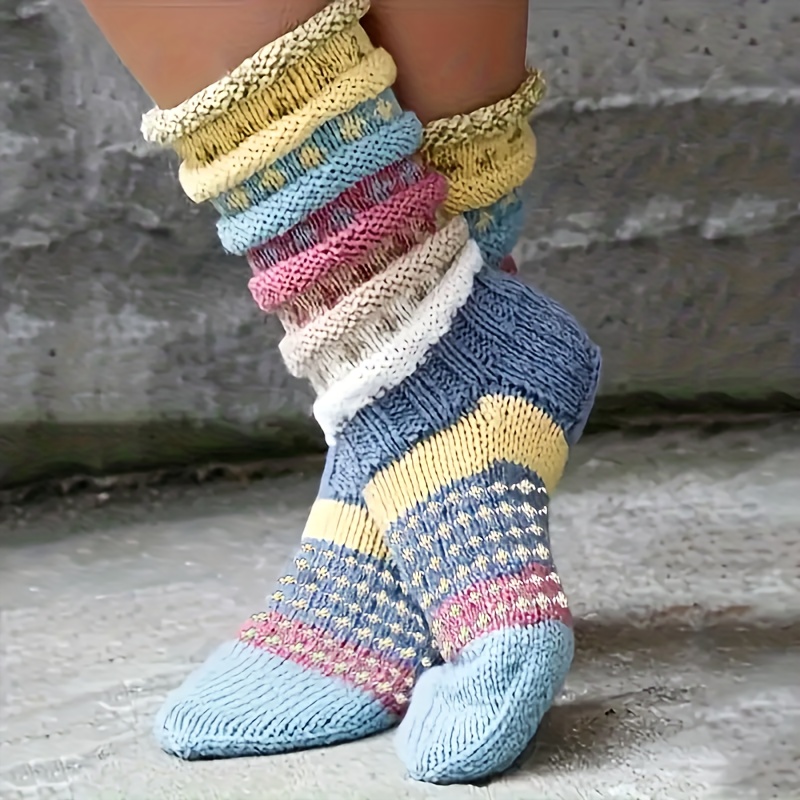 1 pair womens winter warm cable like jacquard striped socks soft pile floor ankle calf no binding multicolor   green yellow white grey   dress boots compatible hand   clean Product details 0