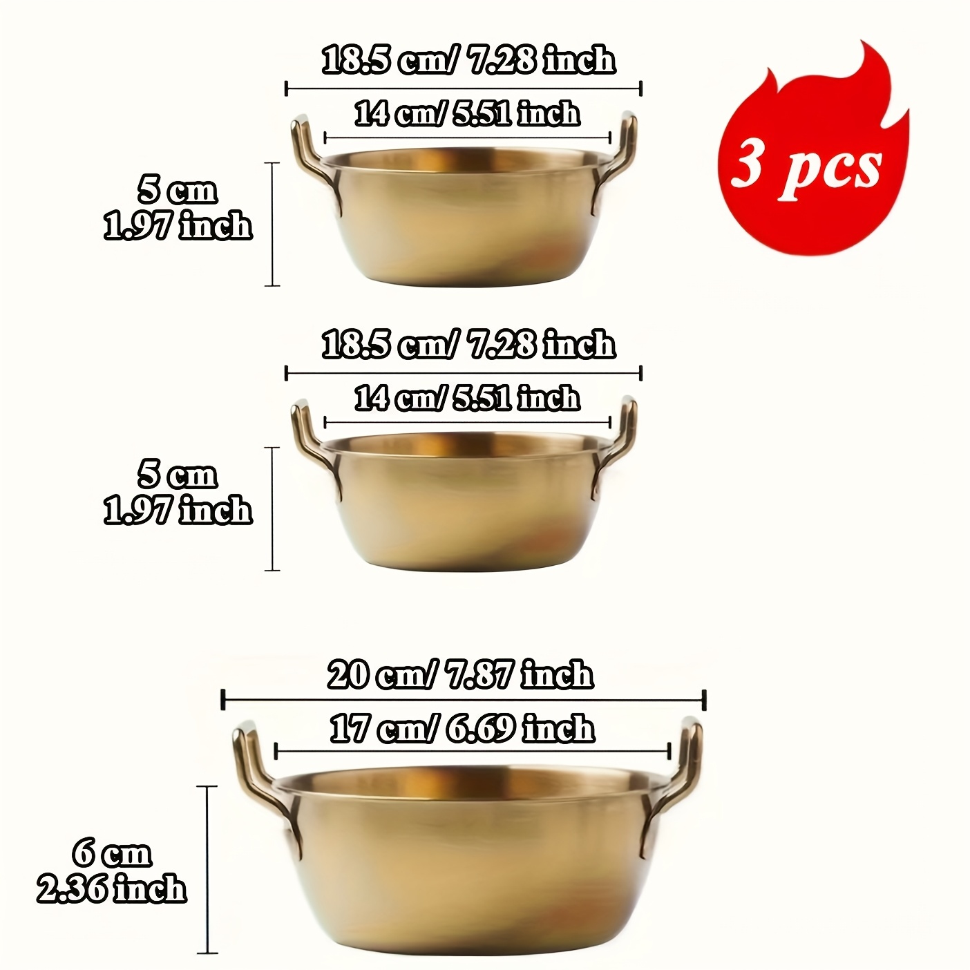 E-shop 3er-Set goldene Doppelohr-Snackschüsseln, Edelstahl-Mischschüsseln Reiswein Obstsalat Snackschüsseln Geschirr Gurkensalat Schüsseln Speiseteller