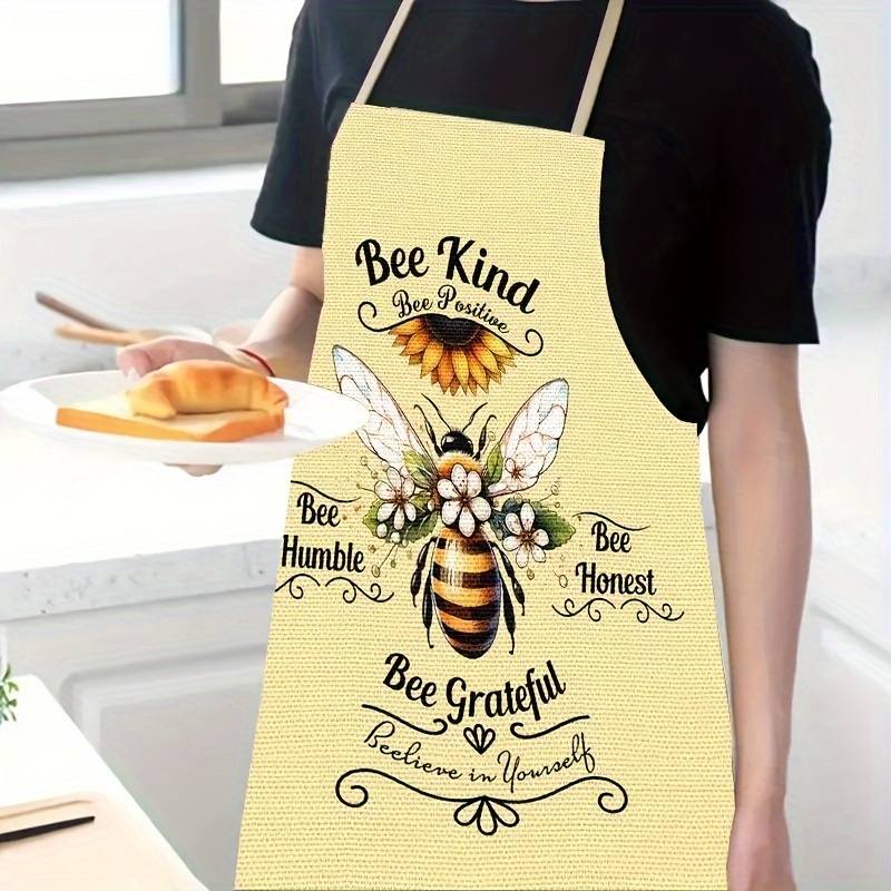 

Set Of 1 Bee-themed Linen Apron, Sleeveless Cooking Apron With Positive Affirmations Print, Woven Linen 100% Kitchen Apron For