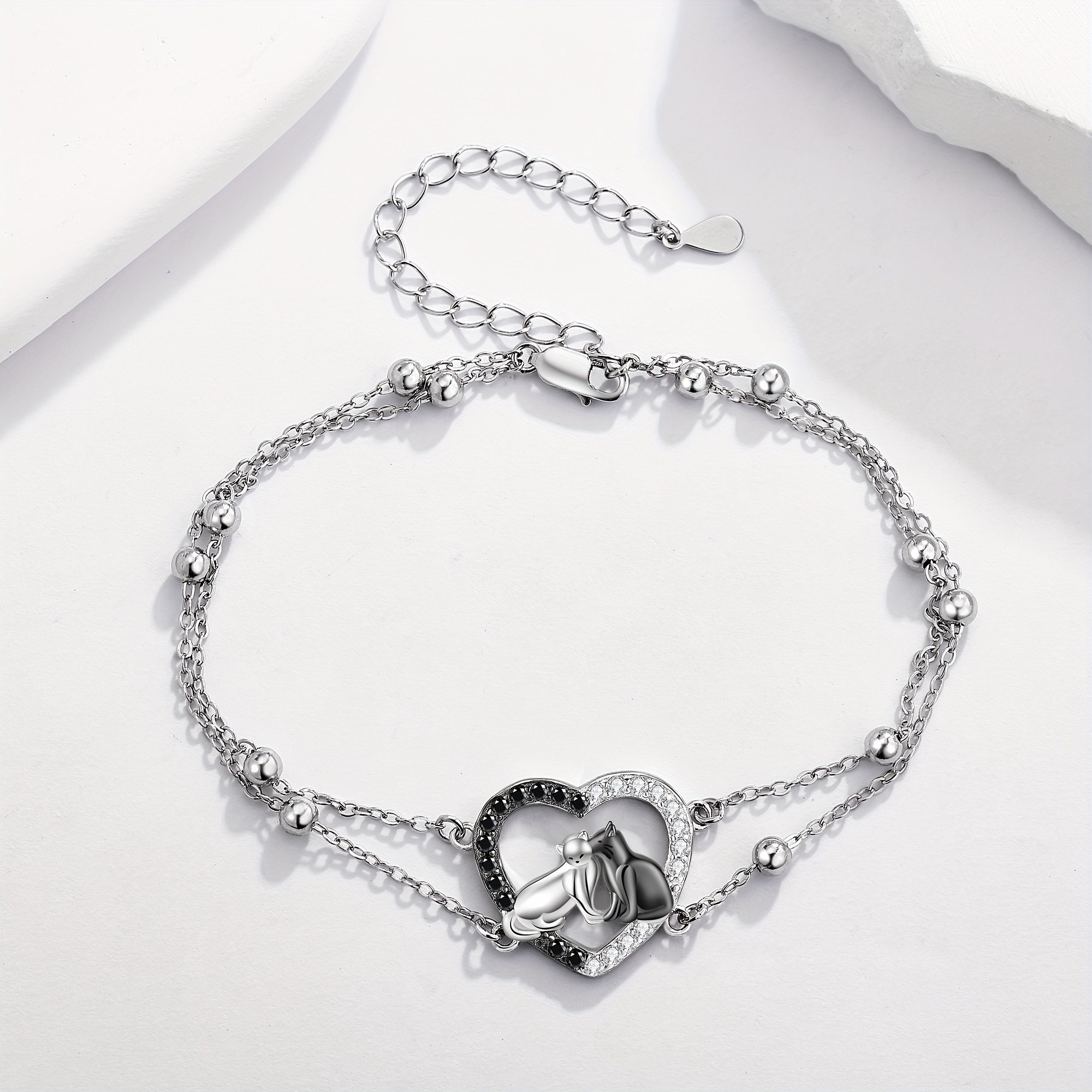 925 Silver Cat Bracelet Heart Double Layered Chain Cat Charms Gift