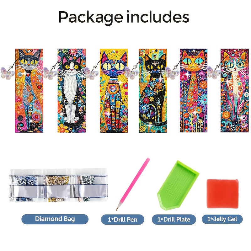 TEMU 6pcs Diamond Painting Diy Bookmark Set, Vintage, Cartoon Cat, Floral Patterns—sparkling Gem Effect, Waterproof Pet Material, Tassels And Beaded