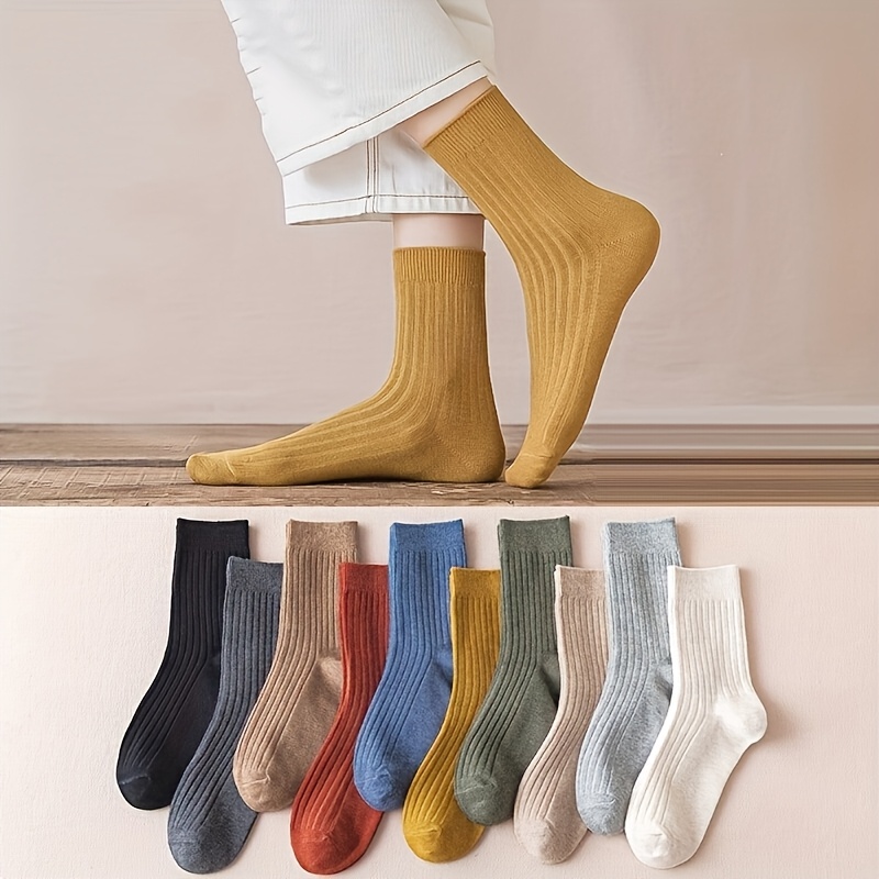 

10pcs Women's Soft Polyester Mid-calf Socks - Seamless, Solid Color, Comfortable Ribbed Design, Machine Washable - Wear, Cute Socks