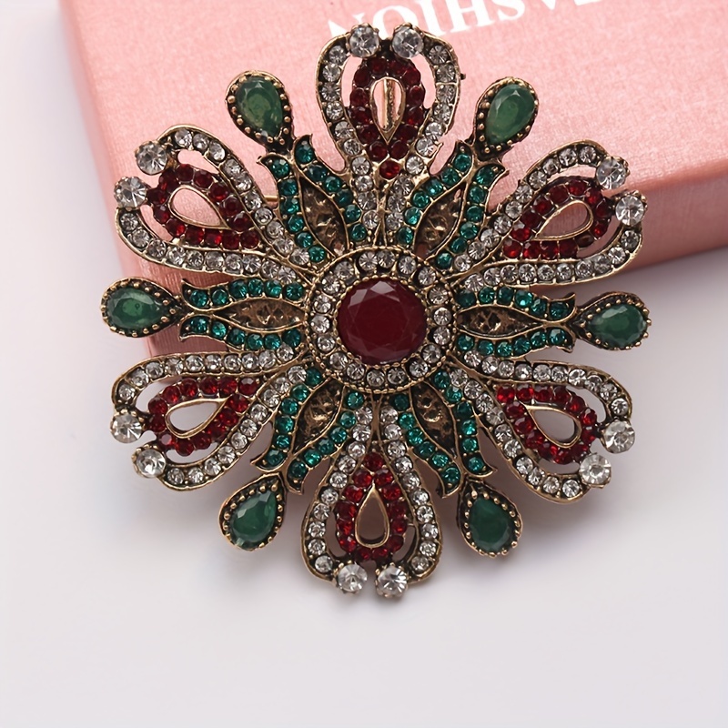 

Vintage Rhinestone Brooch Pin, Elegant Irregular Floral Design With Green & Red Accents, Exquisite Fashion Accessory For Women