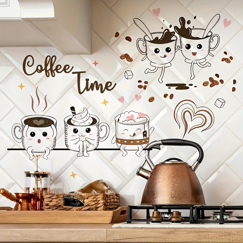 

Wall Decals Set, Beverage Cup Characters Self-adhesive Wall Decor For Kitchen, Home Decoration Plastic Appliques With Espresso And Cappuccino Designs