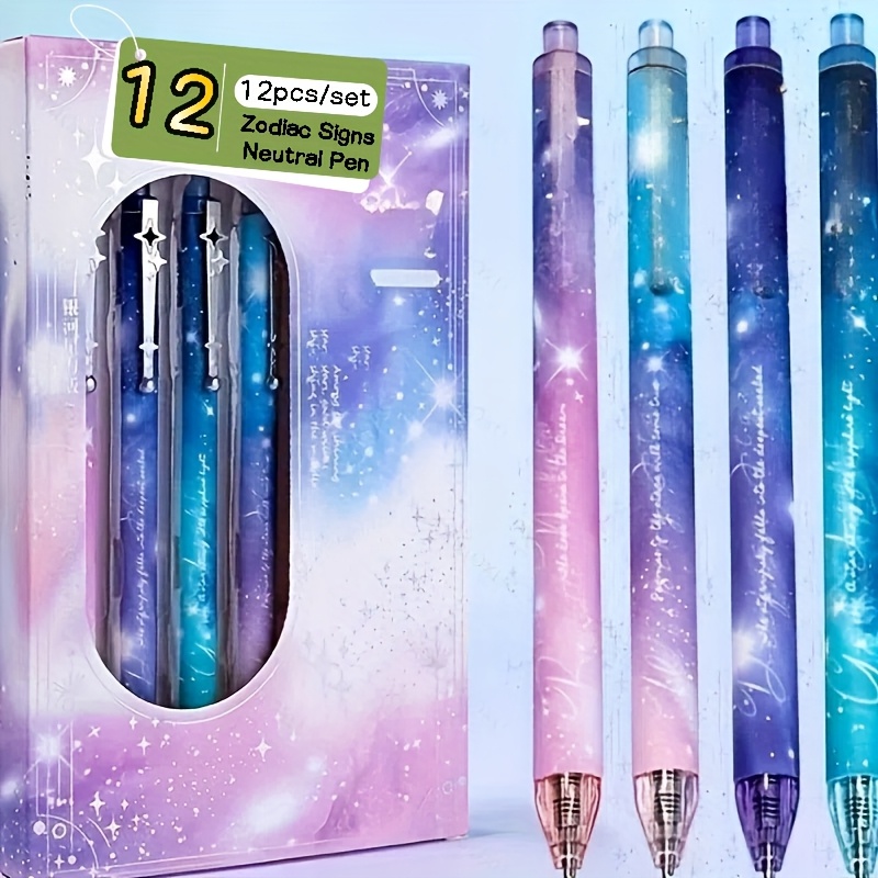 

12-pack Zodiac Signs Retractable Pens, 0.5mm Medium Point, , Ergonomic Plastic Pens, Water-resistant, Quick-drying For Office And School Supplies