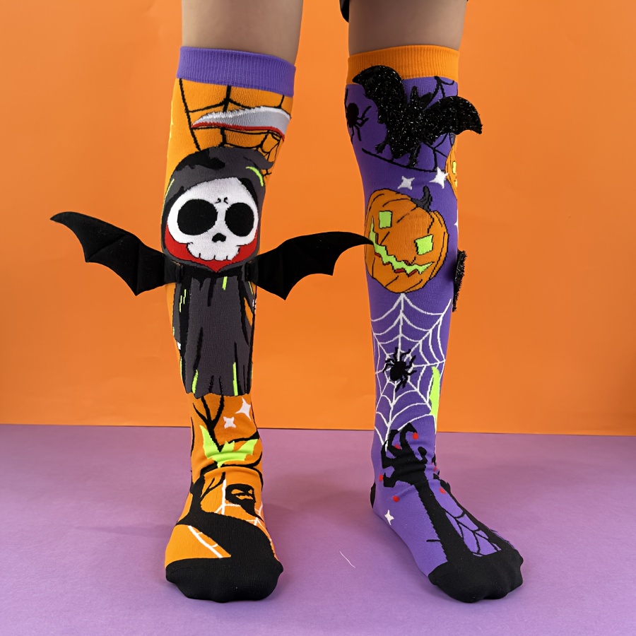 Image of A Pair Of Kid's Halloween Over-the-knee Socks With 3d Decorative Wings, Skulls And Pumpkins, Suitable For Kid's Halloween Matching, Party , And Holiday Gifting.