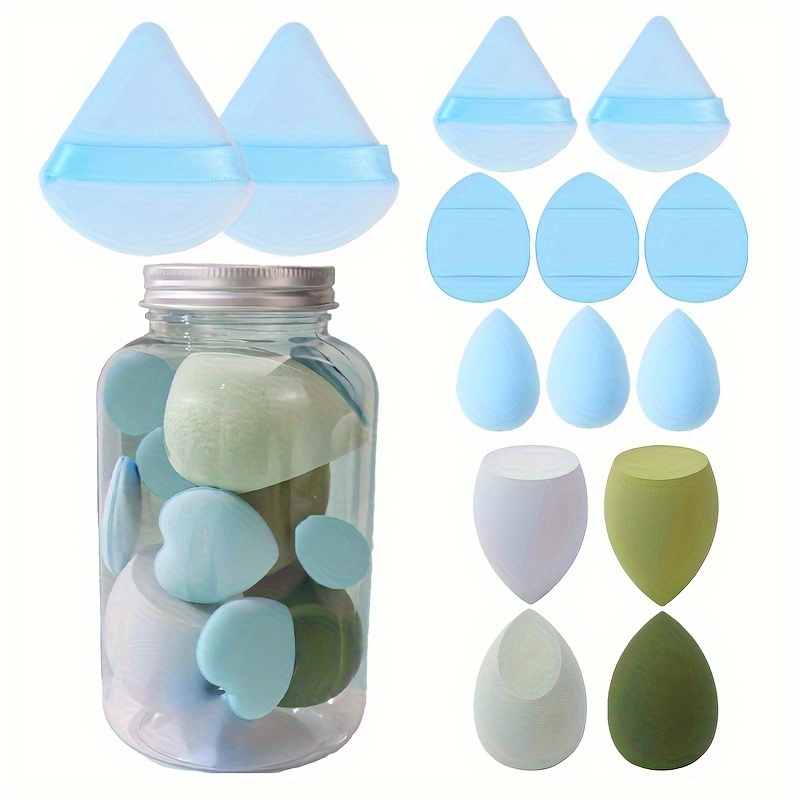 TEMU 14pcs Velvet Powder Puff & Makeup Sponge Set - Light Beige-friendly, Dual-use Wet/dry Blenders For Application