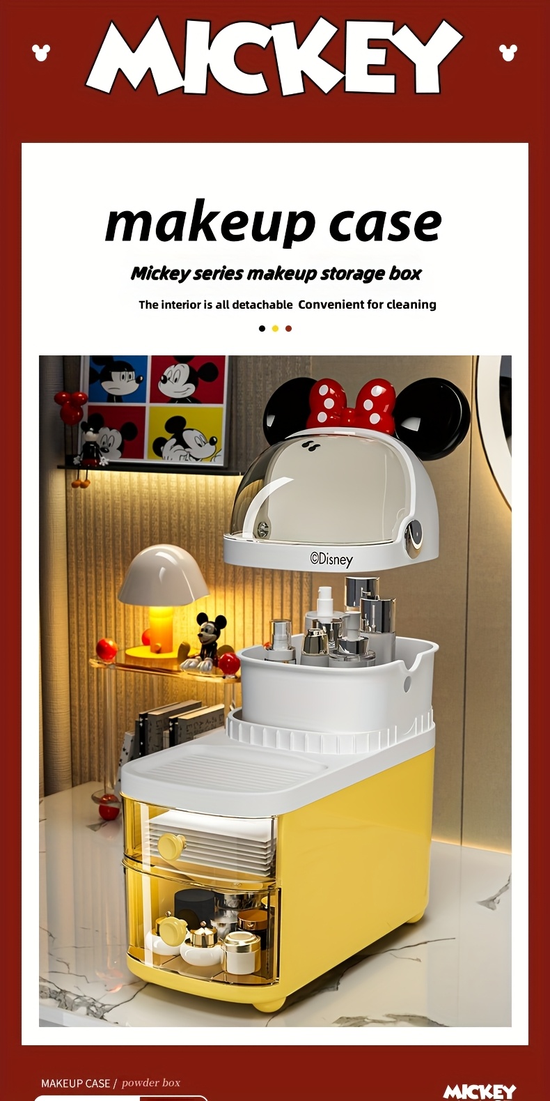 1pc Mickey & Minnie Mouse Series No-Drill Bathroom Multi-Compartment Transparent Cosmetic Organizer - Freestanding Multifunctional Storage Box with Wheels, Large Capacity for Makeup, Toiletries, Tissues - Durable Plastic Bathroom Accessories, Makeup Organizers Storage, Playful Design, Polished Finish