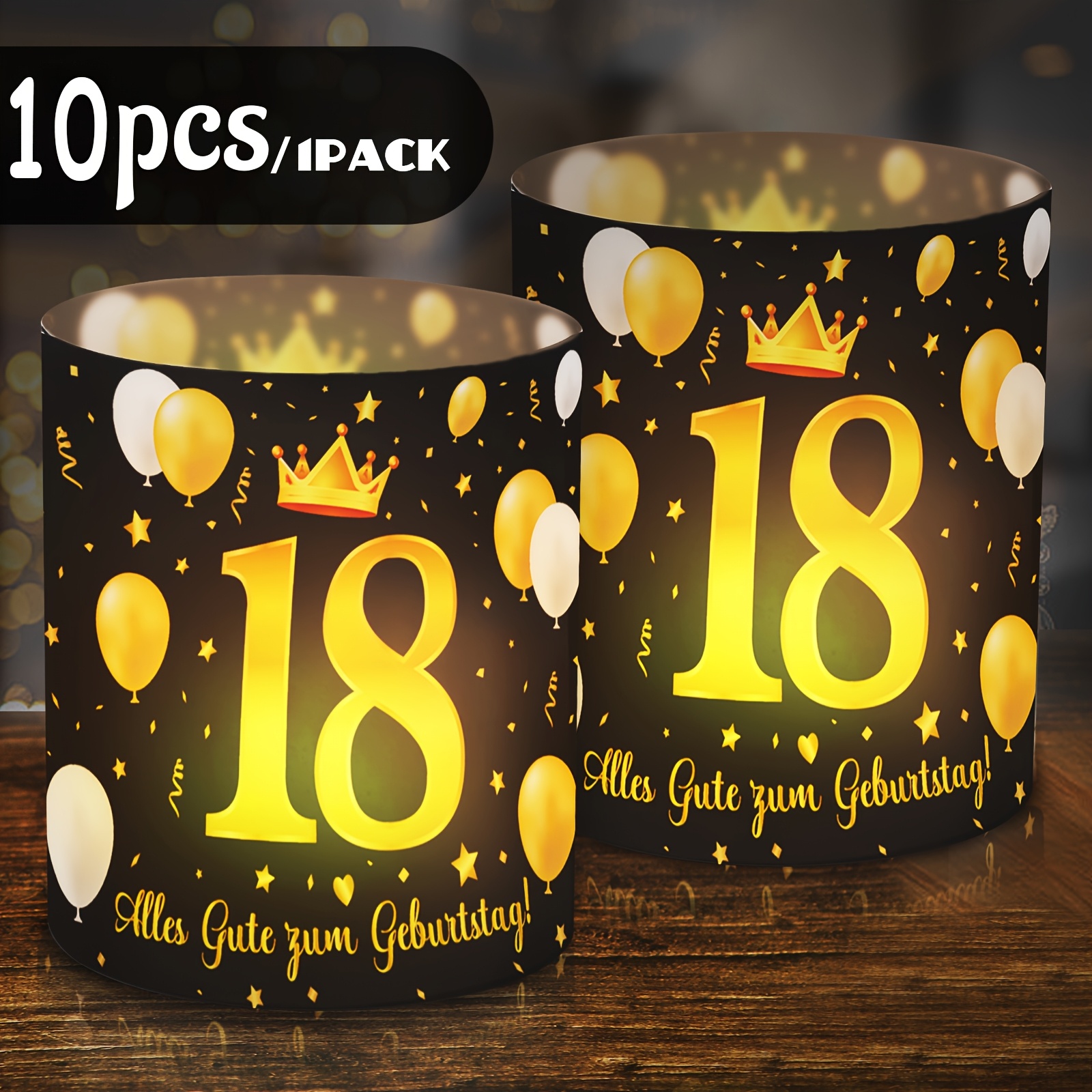 E-shop 10er-Set Schwarze Goldene Krone Element Tischdeko Lampenschirm Set 18. Geburtstag Party Must-Have | Die Unterseite ist bedruckt mit den Worten