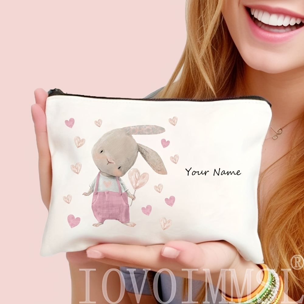 TEMU 1pc Custom Name Vintage Easter Bunny Pattern Makeup Bag - Valentine's Day Handbag - Toiletry Bag Travel Supplies - Pencil Case - Gift Bag, For
