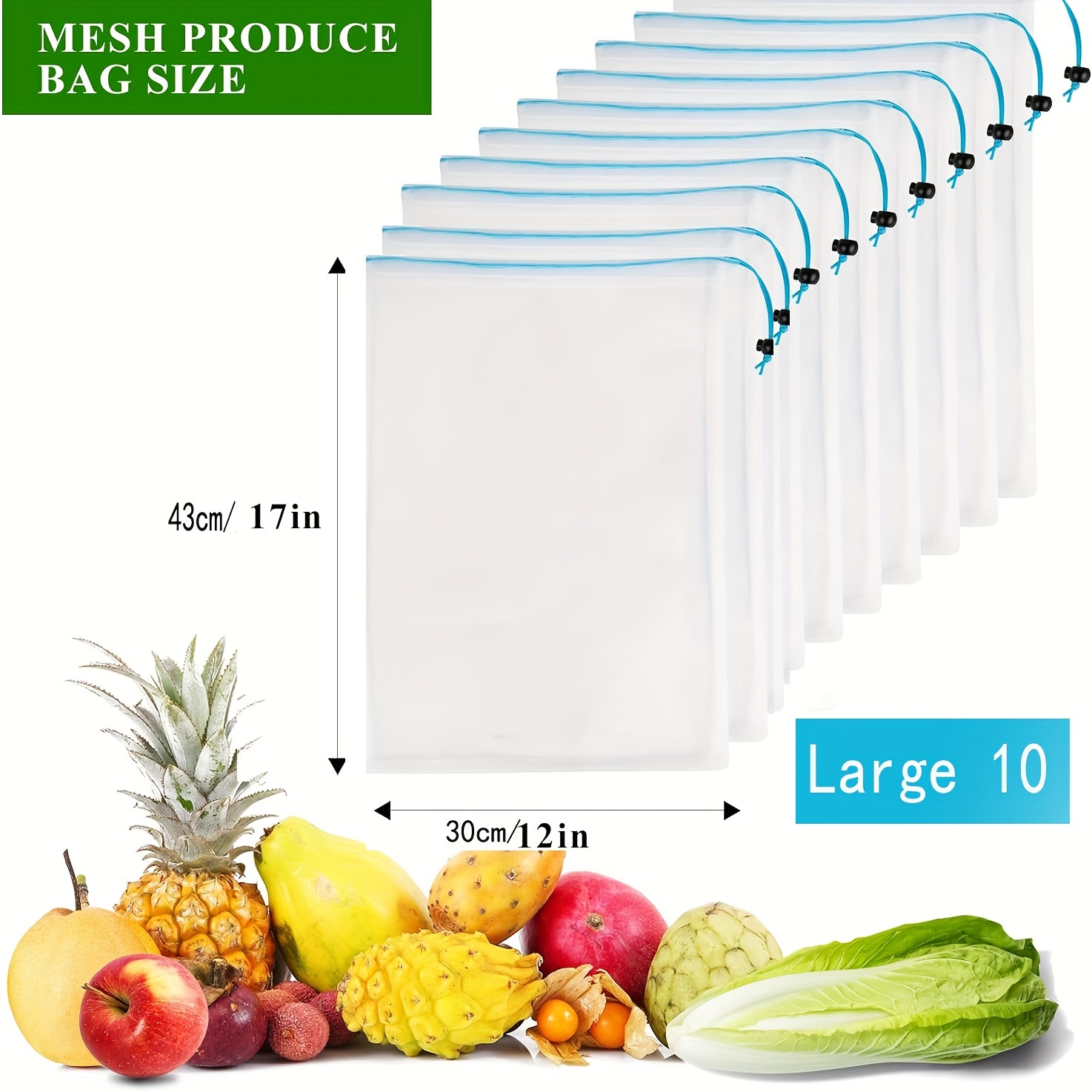 

10pcs Reusable Produce Bags, Mesh Produce Bags Washable, See-through Vegetables Fruits Bag, Toy Storage Mesh Bags With Drawstring For Fruits Vegetables Fridge Storage Toys