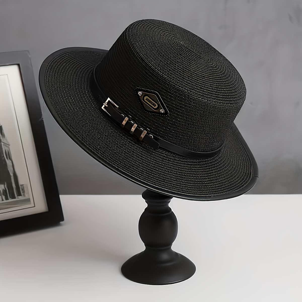 

Adjustable Flat Hat With Decorative Band - Stylish British Design, Black Polyester Straw Hat For Parties And Formal