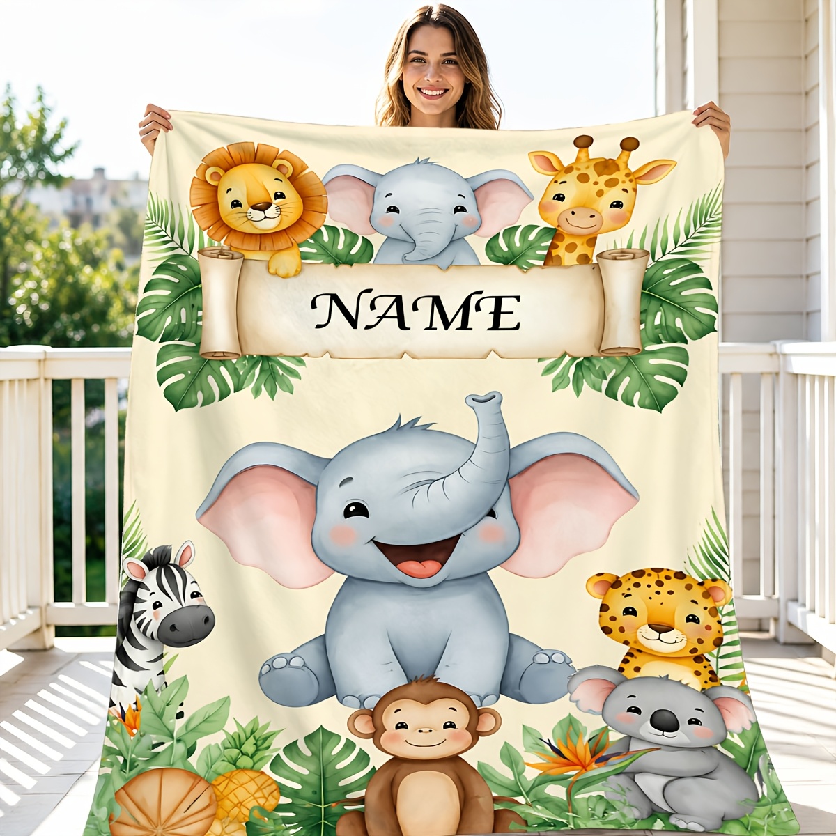 Custom Name Jungle Elephant Flannel Blanket, All-Season