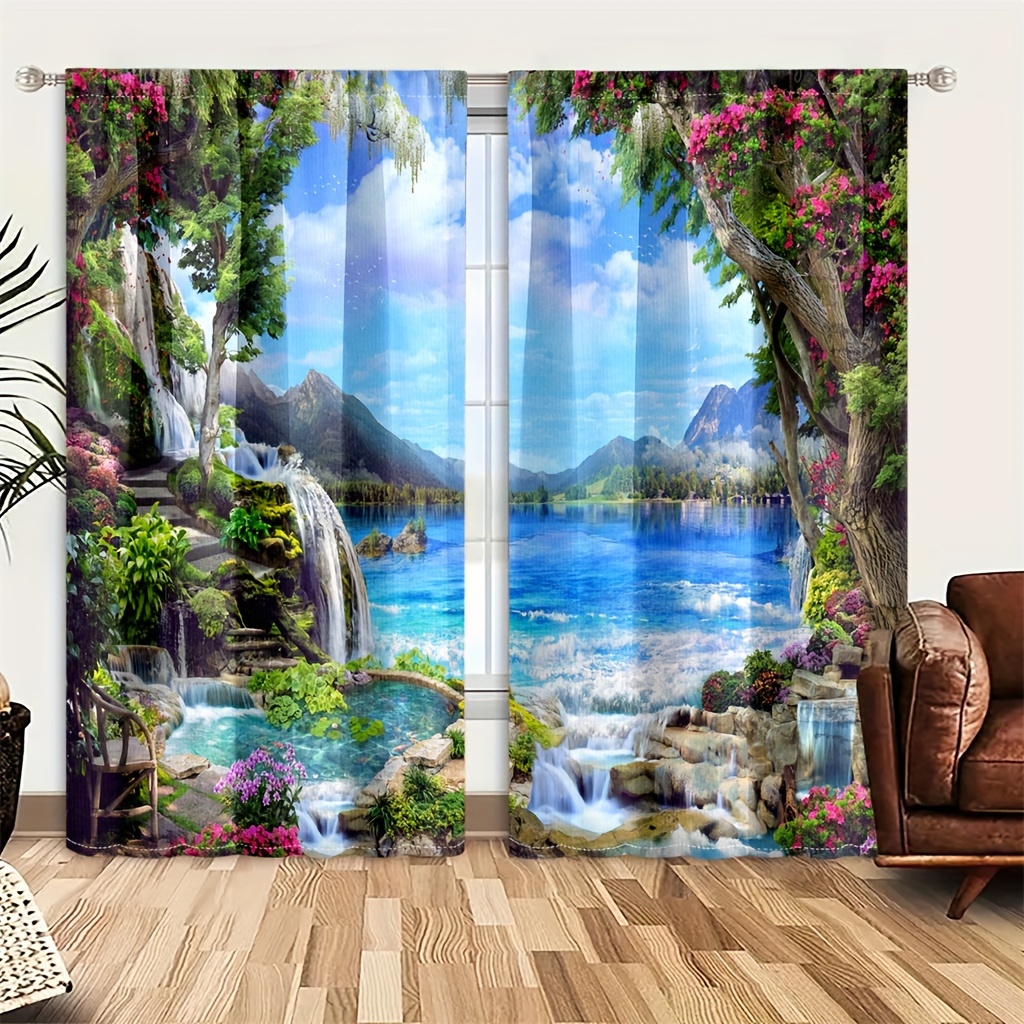

Landscape Leaves Floral Curtains 3d Digital Printing Shade Curtains Living Room Bedroom Balcony Kitchen Study Children's Room Decoration 2 Piece Set Wear Rod Panel Hanging Decoration