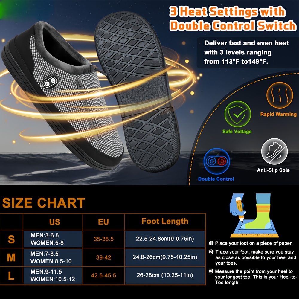 Warm Slippers with Four Heating Settings, Cordless Foot Warmers Designed for Chilly Feet, Perfect for Cold Weather. These Cozy Indoor And Outdoor Shoes Are Ideal for Camping, Featuring a 5000Mah Rechargeable Battery