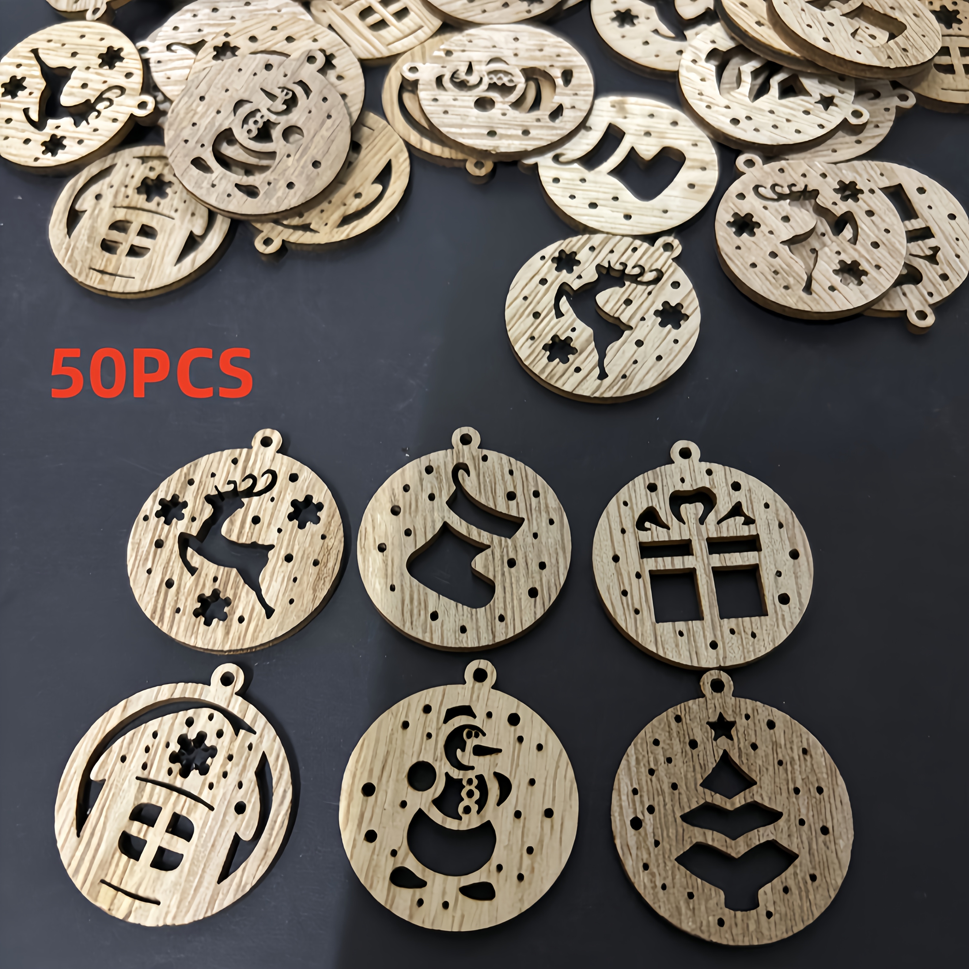 TEMU Mix 50 Diy Wooden Christmas Decorations - Various Hollow Designs, Reindeer, Christmas Trees, Socks, Gifts, Houses, Etc. - Wooden Christmas Tree