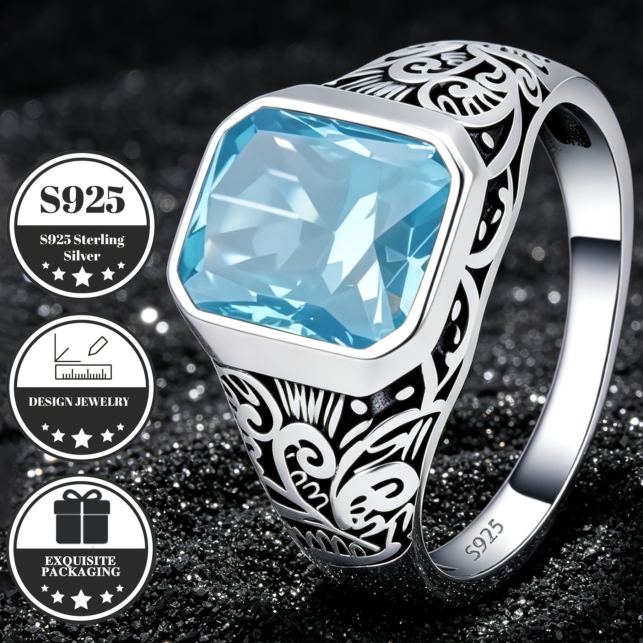 Men's Closed Ring Made Of S925 925 Silver Featuring In Teal, With Synthetic Cubic Stones. It Showcases A Vintage Engraved Geometric Pattern, Is Hypoallergenic, Without Battery