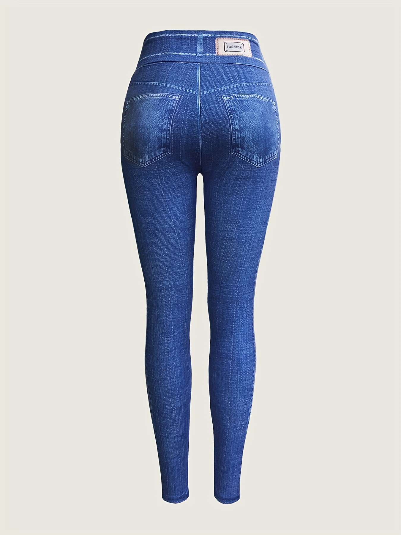 [Denim Print/Imitation Denim] Women's High-Waisted Skinny Jeans-Like Leggings - Washed Denim-Like Stretch Pants with   & Faux Button Closure, All-Season Tummy Control, Machine Washable Imitation Jeans for Jeans-As-Outerwear (Casual/Dress)