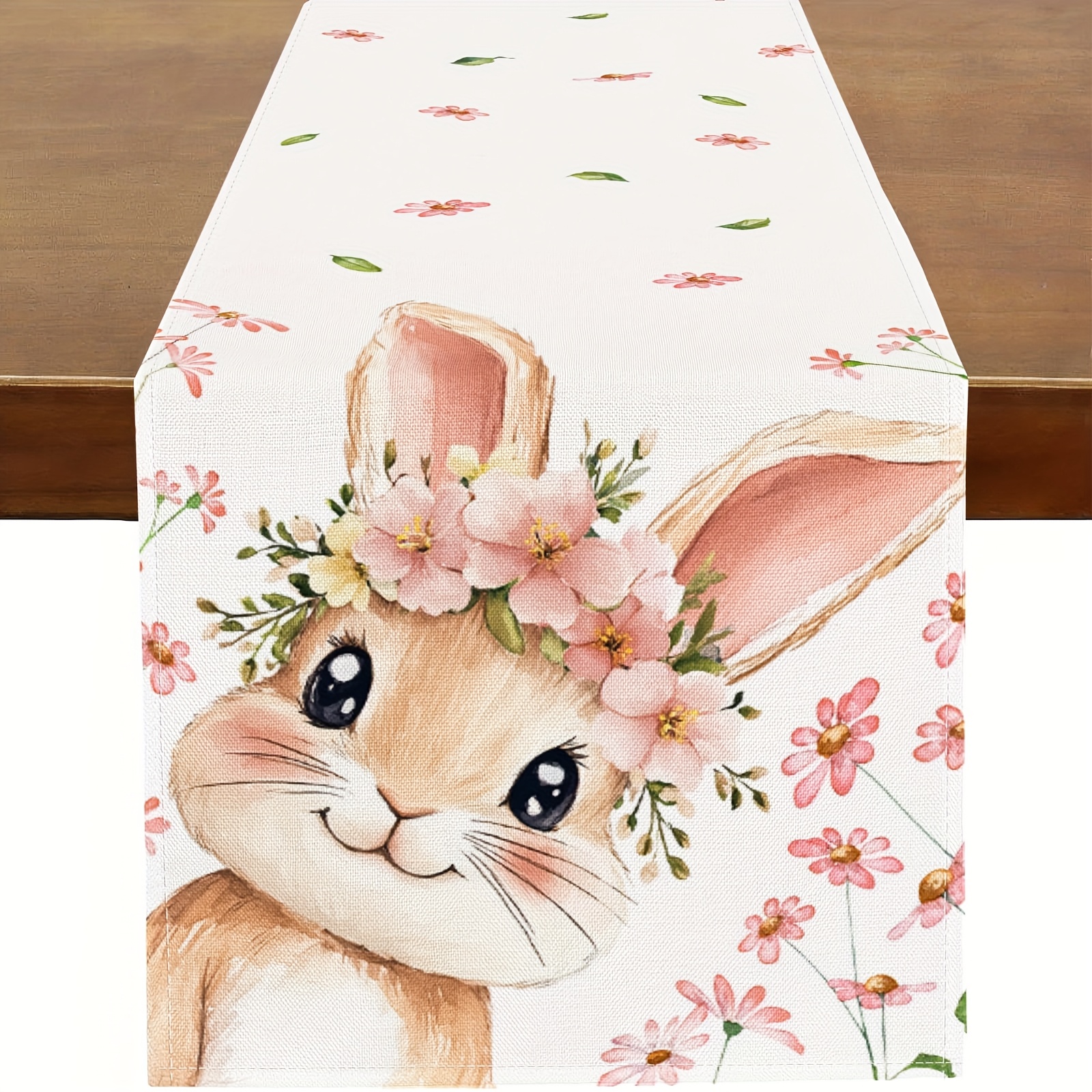1pc Easter Bunny & Floral Linen Table Runner - Cute Bun With Flower For Spring Decor, In 13x48/72/108 Inch Lengths