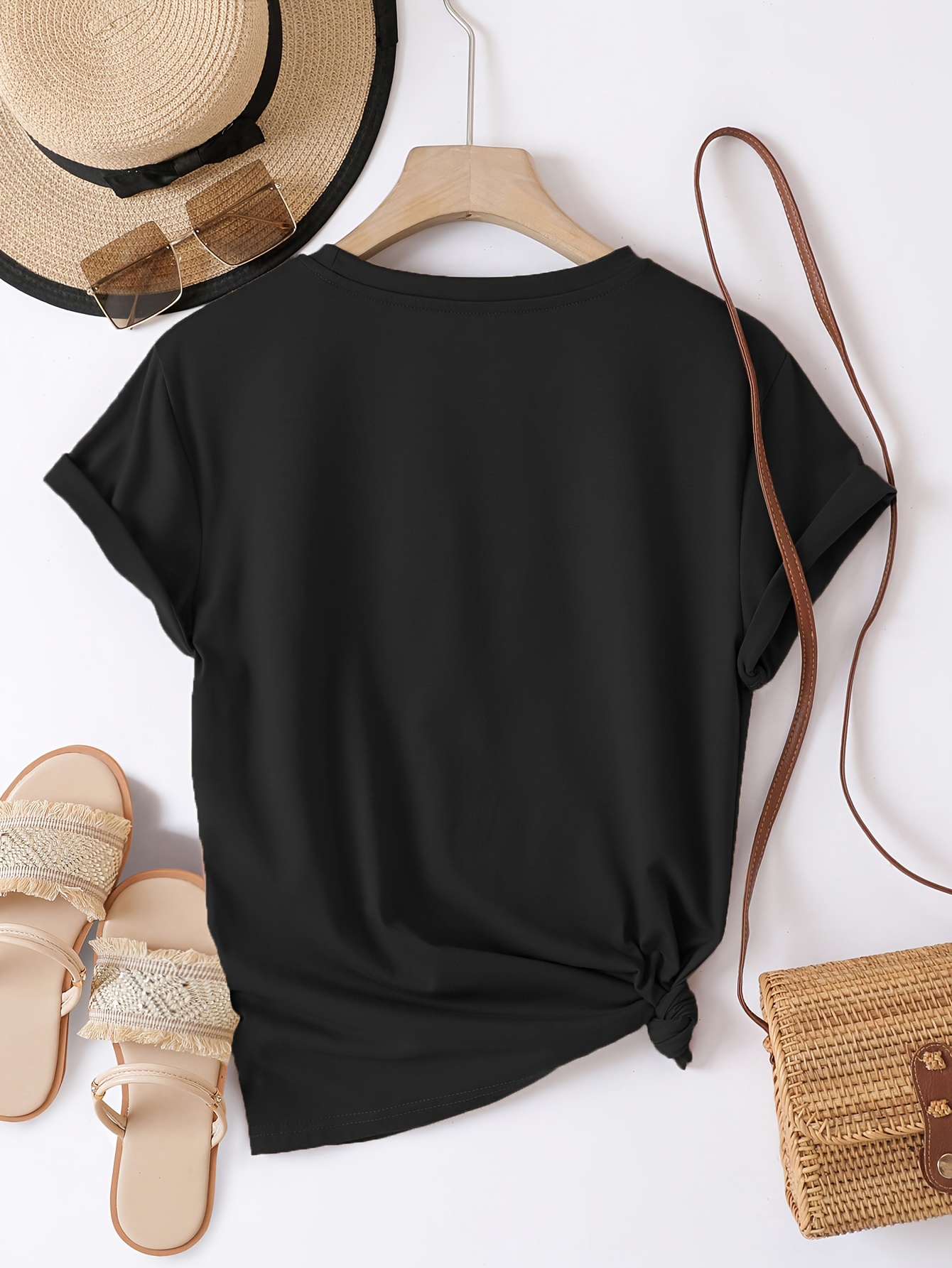 Casual Crew Neck Short Sleeve T-Shirt, Women'S Polyester Basic Round Neck Pullover, Heart Butterfly Pattern, with Slight Stretch, Regular Length and H Fit