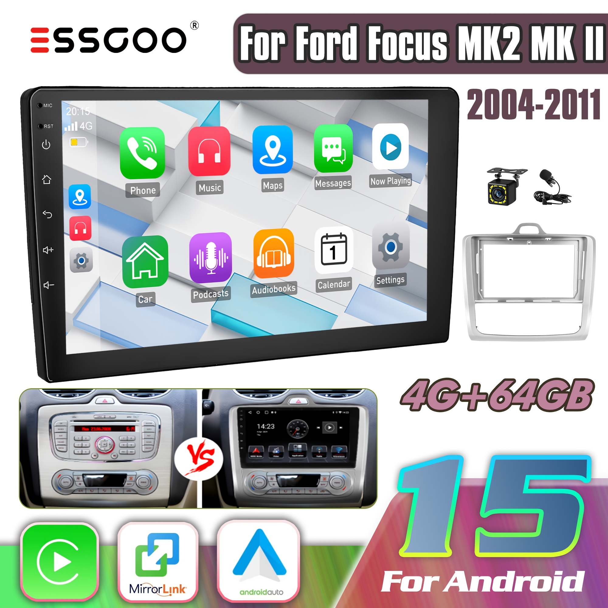 Essgoo -one 15 Car Radio Kit For Ford Focus Mk2 (2004-2011) | 9-inch Ips Touchscreen With Frame | / Auto | 4+64gb Memory | Navigation | Retains Steering Wheel Controls | Asp Sound & Fm Rds Radio |