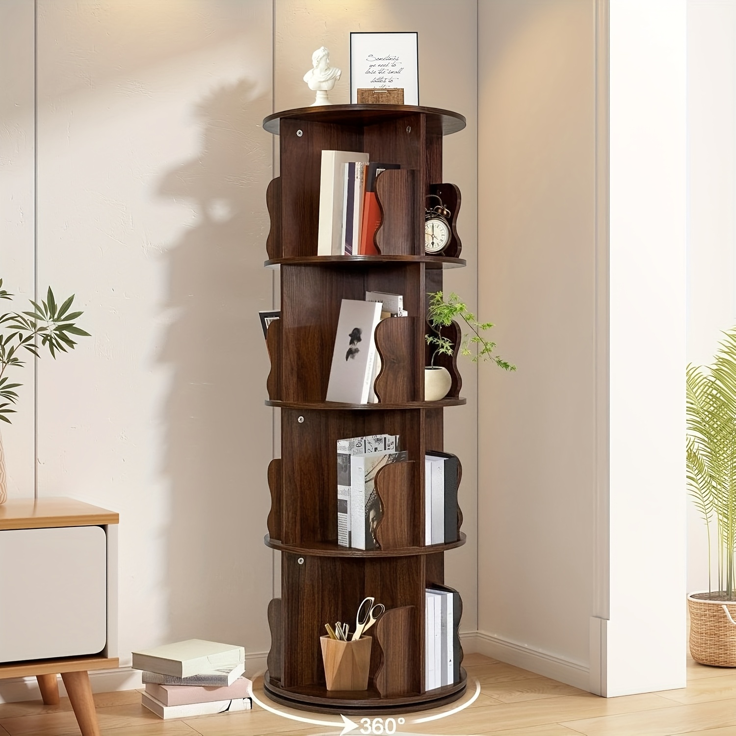 Image of Rotating Bookshelf 4 Tiers, Standing Shelf, Wooden Rotating Bookshelf, Floor-standing Bookshelf Office Shelf For Living Room Bedroom Office, Brown