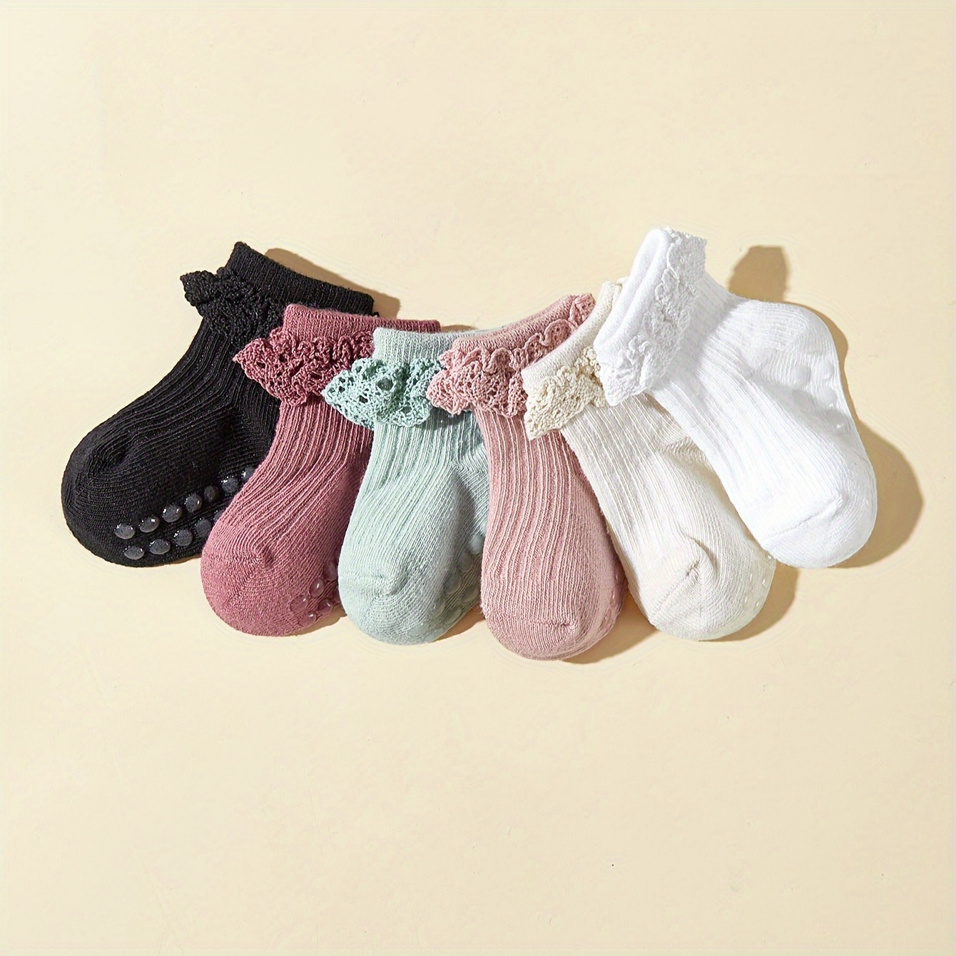 6-pack Girls' Lace Mid-calf Socks For Spring/summer With Anti-slip Sole