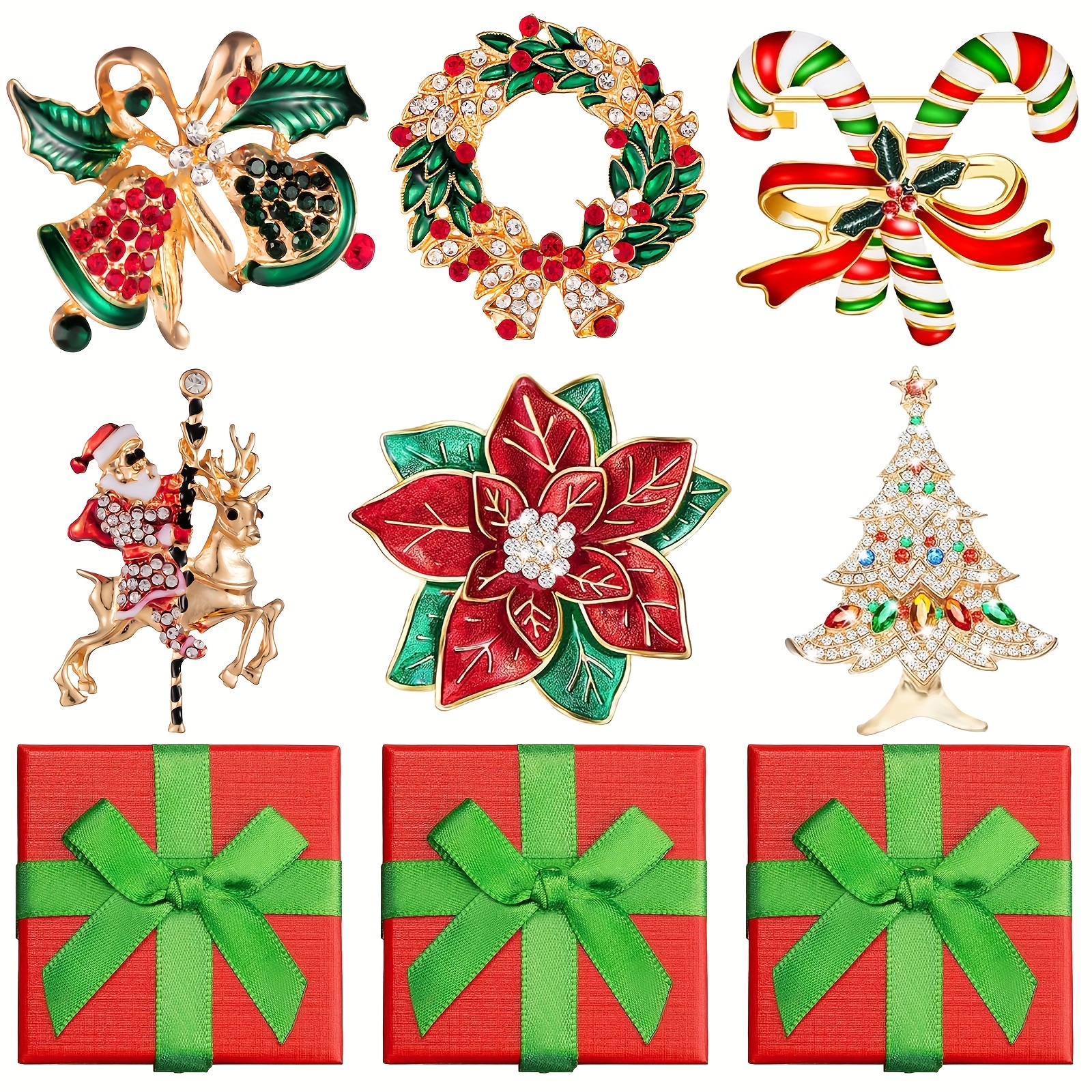 

6 Pack Christmas Brooch And Pins With Gift Box Vintage Pins Gift For Women Rhinestone Crystal Xmas Tree Candy Bell Garland Santa Claus Christmas Jewelry Gifts For Girl Women