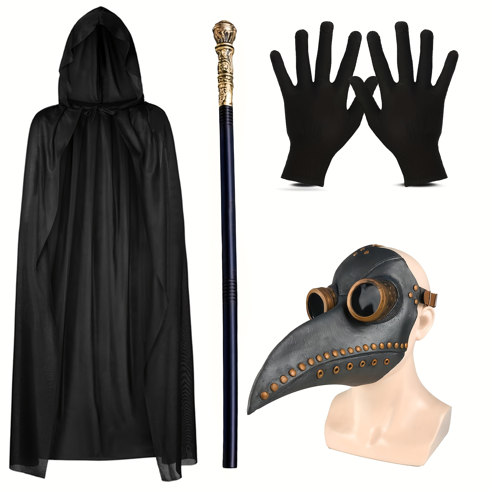 Image of A Collection Of 4 Items For A Plague Doctor Outfit, Featuring A Hooded Cape, A Beaked Mask, Gloves, And A Cane, Ideal For Halloween Spooky Cosplay Suitable For All Genders