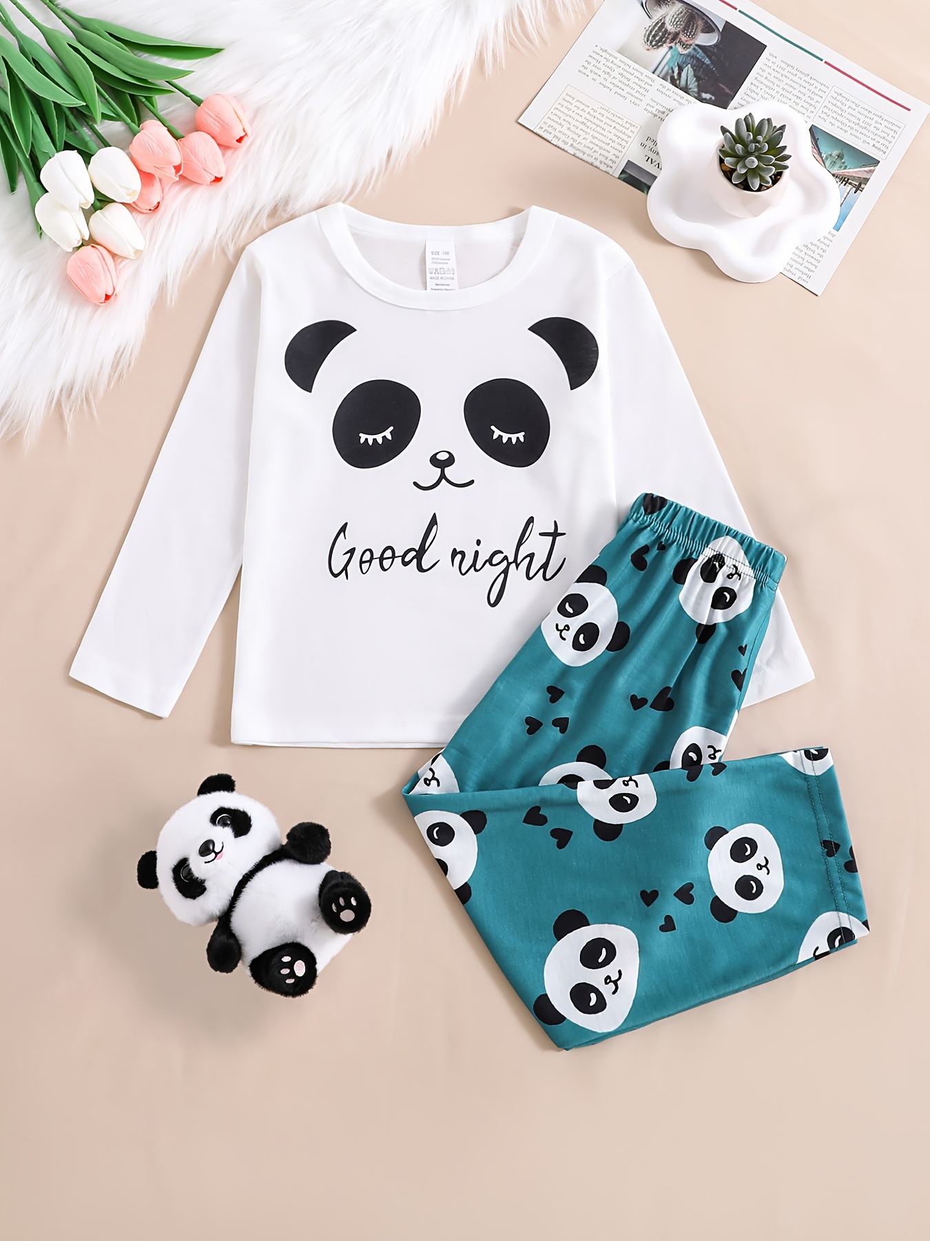 Conjunto de ropa de larga para niñas de 90-170, con estampado de panda,  diseño de cabeza y de panda lindo, camiseta de cuello